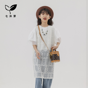 七沐芽原创设计童装女童蕾丝罩衫裙，24夏季大童法式白色背心裙