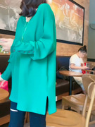 高级感长袖T恤女2023秋季韩版宽松减龄中长款开叉V领上衣潮流