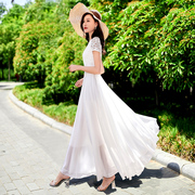 白色连衣裙女2024夏季蕾丝短袖雪纺大摆显瘦气质拖地长裙及踝