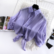 雪纺防晒衣女夏季薄款2022淡紫色开衫外搭小披肩短款外套衬衫