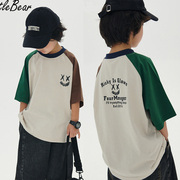日系男童夏装拼色短袖T恤儿童柔软百搭宽松上衣男孩半袖体恤薄款