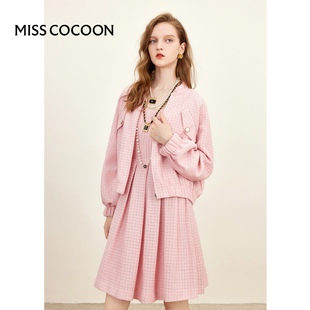 misscocoon粉色格纹吊带连衣裙套装，女2024春季外套，两件套冬装