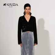K KRIZIA 黑色豹纹金属高级感短款针织开衫外套女