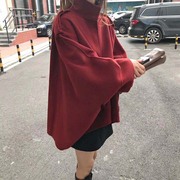 2023秋冬季流行韩版宽松气质红色呢子外套斗篷毛呢大衣女短款