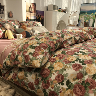 欧美复古玫瑰花田园小碎花，床上四件套全棉，纯棉被套1.5m1.8三件套
