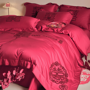 新中式双喜刺绣婚庆四件套，红色被套全棉纯棉，床单陪嫁结婚床上用品