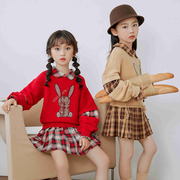 女童网红韩版套装裙，冬装儿童长袖针织，上衣jk格子短裙两件套