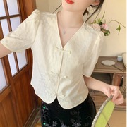 新中式国风短袖杏色v领衬衫2024夏季女高级感复古雪纺上衣女