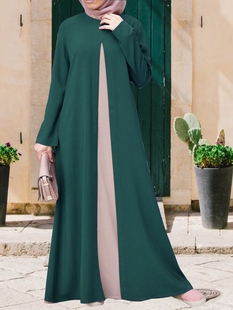 阿拉伯保守回民宽松女装中东妇女雪纺连衣裙撞色套头长袖日常长裙