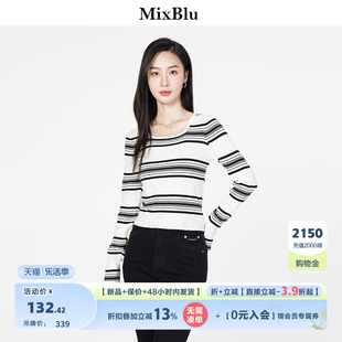 Mixblu黑白条纹长袖针织衫女秋季2023圆领修身显瘦减龄套头衫