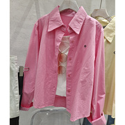 韩系玫粉色刺绣衬衫女小个子，休闲叠穿衬衣2024春季长袖上衣潮