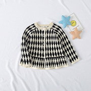 女童黑白菱形格子裙毛衣韩版中小童宝宝木耳边洋气毛线上衣毛衫