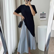 韩国chic夏季复古圆领撞色拼接设计感小众宽松短袖荷叶边连衣裙女