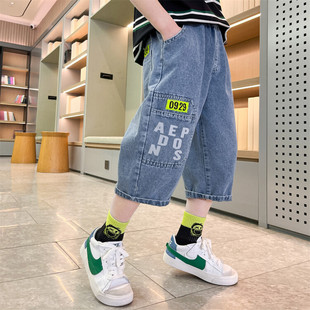 男童牛仔短裤夏季2023外穿潮儿童七分裤子，薄款炸街中大童中裤