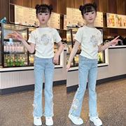 新中式国风刺绣短袖t恤套装女童，春夏季时尚盘扣显瘦牛仔裤两件套9