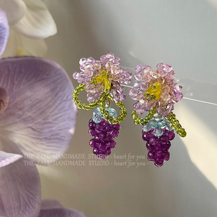 (送一)葡萄成熟时，夏季紫色水晶，串珠花朵耳环气质耳夹