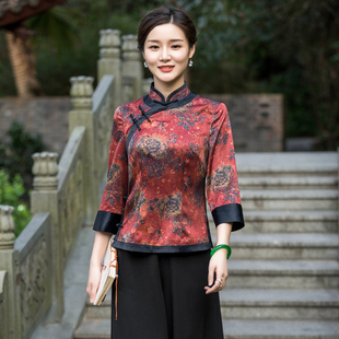 华族经典中式复古旗袍上衣女短款中长袖修身显瘦盘扣原创茶服上衣