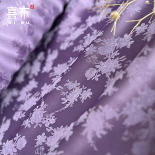 紫色小牡丹缎面提花布料汉服旗袍，夏古风(夏古风，)外套女装连衣裙面料