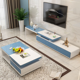 简约现代茶几电视柜组合客厅小户型白色，烤漆钢化玻璃伸缩地柜套装