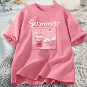 火龙果色短袖t恤女夏季2023年夏装纯棉半袖宽松体恤夏款上衣