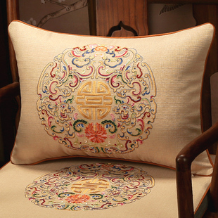 中式腰枕红木沙发棉麻刺绣靠垫，套客厅长方形靠背垫护腰枕抱枕靠枕