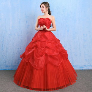 气质名媛婚纱礼服夏季韩式新娘结婚抹胸大码孕妇齐地红色蕾丝显瘦