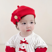 新年红色婴儿帽子女宝宝时尚，蝴蝶结花朵毛线南瓜，帽儿童时尚贝雷帽