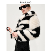环保小众原创设计师品牌SIJIA秋冬黑白撞色斑马纹环保皮草短外套