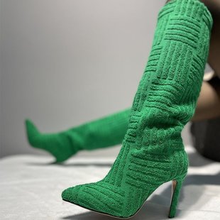 绿色过膝长靴女粗跟2022秋冬欧美绒面高跟大腿靴大筒围长筒靴大码