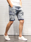 夏季重工牛仔短裤男做旧欧美多口袋5五分短裤ins港风直筒工装裤子