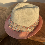 小香风粉色礼帽遮阳帽英伦帽女士，草帽爵士帽，沙滩帽子时尚百搭潮