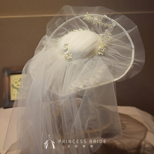 王妃原创白色花枝连纱新娘，优雅法式大花帽，拍照婚纱礼服样片帽
