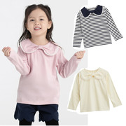 日系女童春秋季纯棉娃娃领T恤女宝纯色条纹长袖上衣儿童打底衫