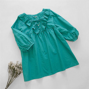 日本夏季纯棉宽松七分袖娃娃，衫甜美绿松石荷叶，边系带衬衫中袖衬衣