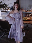 亮片吊带连衣裙女2023夏季小众设计感法式雪纺长裙超仙仙女裙