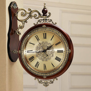 欧式双面客厅挂钟静音两面，时钟实木复古石英，钟表墙壁钟表时尚创意