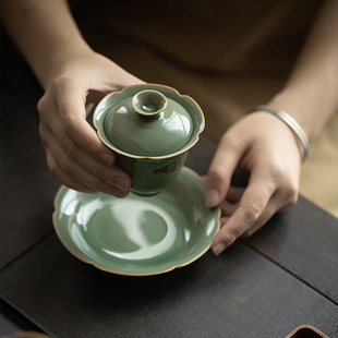 定制青亦丨耀州窑花口陶瓷，盖碗茶杯越窑青瓷，高款聚香泡茶碗花边茶