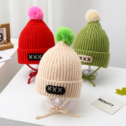 韩版儿童针织帽秋冬大球球糖果色套头帽男女童宝宝保暖绑带毛线帽