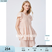 Basic House/百家好设计感压褶衬衫女夏季纯色短裤两件套
