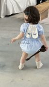 Aono蓝色条纹哈衣套装2024婴童女宝宝可爱兔耳朵衬衫+包屁裤