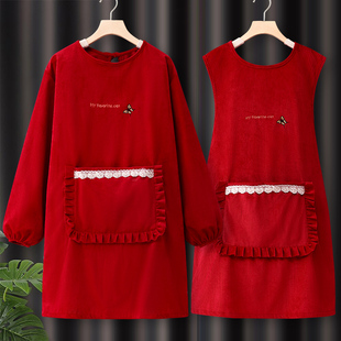 灯芯绒罩衣大人女士秋冬网红围裙厨房家用长袖，餐饮专用工作服