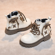 女童秋天靴子2023秋季儿童，黑色短靴白色，星星马丁靴小女孩鞋子