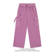 httaosup紫色工装裤女春季潮牌多口袋翻盖腰头设计直筒百搭休闲裤