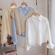 100%棉2024春季韩版短款纯色百搭气质洋气长袖休闲衬衫女上衣