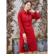 赫本风红色连衣裙女士职业衬衫裙，秋冬季高级感打底裙子配风衣外套