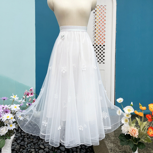 唯美空灵白色半身裙女夏法式优雅梦幻纱裙山茶花，珍珠绣花仙女裙
