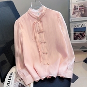 2023秋季国风新中式立领衬衫女粉色盘扣泡泡袖设计感雪纺上衣