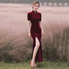 形体旗袍晚礼服女年轻款红色丝绒鱼尾裙，气质改良版连衣裙走秀长款