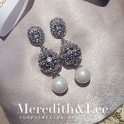 Meredith&Lee法式优雅圆形吊坠镶钻轻奢小众珍珠锆石结婚礼服耳环