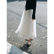 mixabo不规则白色纱裙，法式复古春秋半身裙，女蓬蓬裙百搭设计感网纱